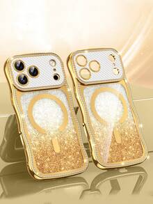 1 pieza Funda de teléfono magnética con estrella chapada en lujo y ola, película de lente con brillo degradado, adecuada para iPhone 17/16/15/14 Pro Max, cobertura completa de alta gama anti-caídas - Dorado - Ver 1