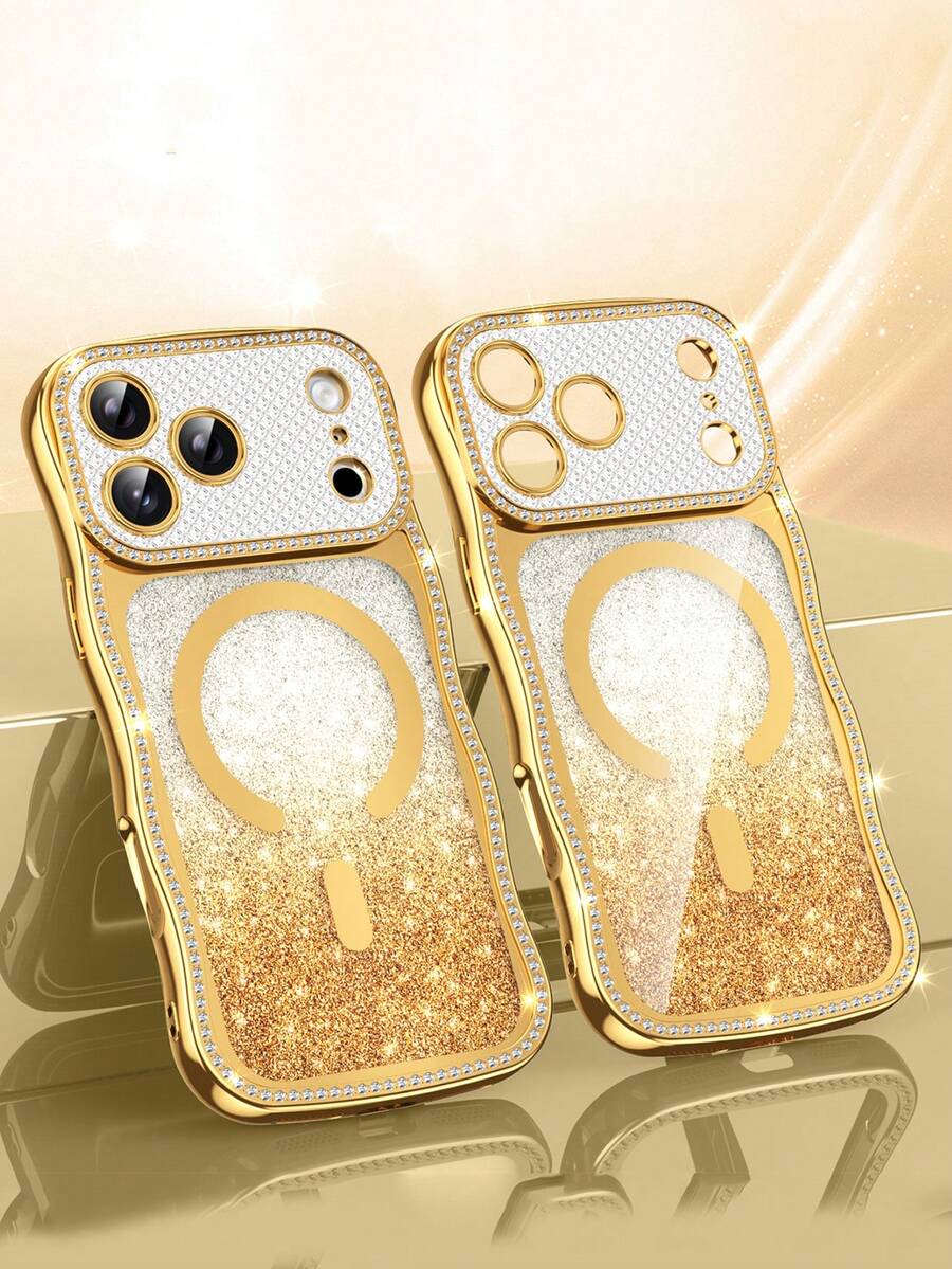 1 pieza Funda de teléfono magnética con estrella chapada en lujo y ola, película de lente con brillo degradado, adecuada para iPhone 17/16/15/14 Pro Max, cobertura completa de alta gama anti-caídas - Dorado - Ver 1