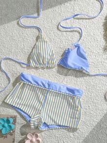 女款條紋印花比基尼套裝，適合約會、下午茶、度假、音樂節、春夏海灘 - 青檸色 - 查看 2