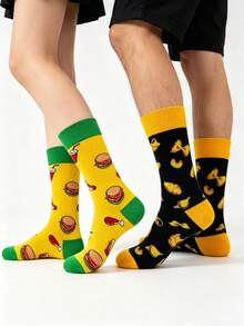 2 đôi tất cổ cao unisex họa tiết đồ ăn ngộ nghĩnh, hình bánh mì kẹp thịt và khoai tây chiên, tất thoáng khí thoải mái cho mùa xuân/hè, tất phong cách đường phố, món quà tuyệt vời cho bạn trai/bạn gái. - Nhiều màu - Xem 1