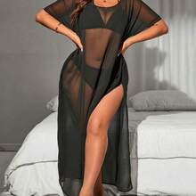 Slayr CURVE Plus Size All-Over Print Sheer Round Neck Short Sleeve Coverup Dress Summer - Negro - Ver 6