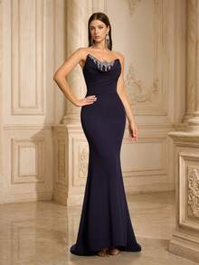 VIPGIRL Novo e elegante vestido de noite luxuoso azul marinho com busto plissado, perfeito para casamentos e festas formais. - Azul marinho - Ver 4