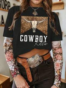 1 pieza de camiseta casual de manga corta con cuello redondo para mujer, con estampado retro de estilo western/cowboy/rodeo, top BOHO, camiseta para vacaciones de primavera, manga corta deportiva, 210 g, 100% algodón, los estampados están completamente impresos. Unisexo. - Negro - Ver 6