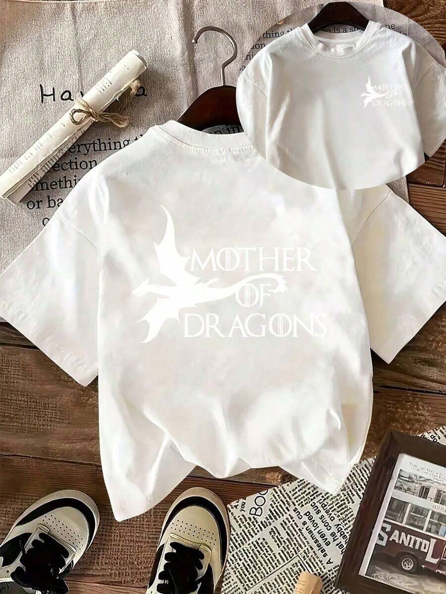 New Summer Collection 2026: Women's Casual Summer T-Shirt [Double-Sided Print], Suitable For All Seasons, Comfortable To Wear, With A Flying Dragon Design And The Text "MOTHER OF DRAGONS" Printed, Versatile Garment, Comfortable Material, Short Sleeve T-Shirt, A Summer T-Shirt For Fashion Lovers. - 白色 - 查看 1