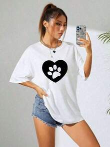 Camisetas Mujer Estampado Huella Corazón Primavera Verano Casual Suelta Cuello Redondo Manga Corta XA5E - Blanco - Ver 6