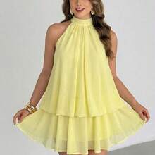 Auralis Elegant Light Yellow Halter Tie Waist Loose Flared Ruffle Hem Plus Size Women Mini Dress, Suitable For Concerts, Performances, Dates, Balls, Valentine's Day, Parties, Sexy & Elegant Romantic, Office Lady, Mermaid Style, Casual Daily, Beach Holiday/Yellow Loose-Fitting Backless Tie-Up Vacation Mini Dress/Mini Dress/Yellow Dress With Lining Wedding Dress For Women - Multicolor - Ver 4