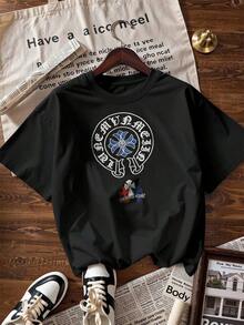 Camiseta de Manga Corta con Estilo Grunge y Logotipo Circular,Camiseta de manga corta de moda para primavera y verano de 2026, hecha en México, 180 gramos. Estampado de dibujos animados, modelo de pareja, apta para uso interior o exterior. Cuello redondo, unisex, ideal para oficina y ocio. Paquete de una pieza. - BK-P631577SLNDXZGY402 - Ver 3