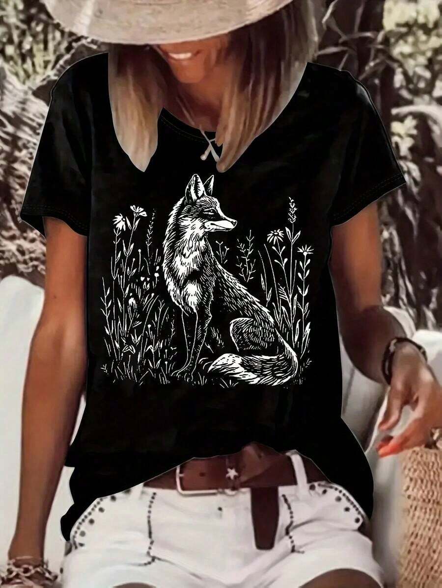 1 pieza de camiseta de mujer con estampado de zorro, estilo casual, manga corta, cuello redondo, para verano, 210g, 100% algodón, los diseños están impresos. Unisexo. - Negro - Ver 1
