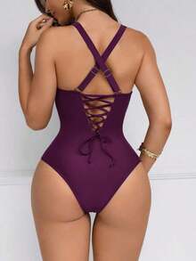 Traje de baño de una pieza con control de abdomen y push-up, con parches de color marrón, cordón de ajuste elegante y sexy, para fiestas y piscina - Rojo violeta - Ver 7