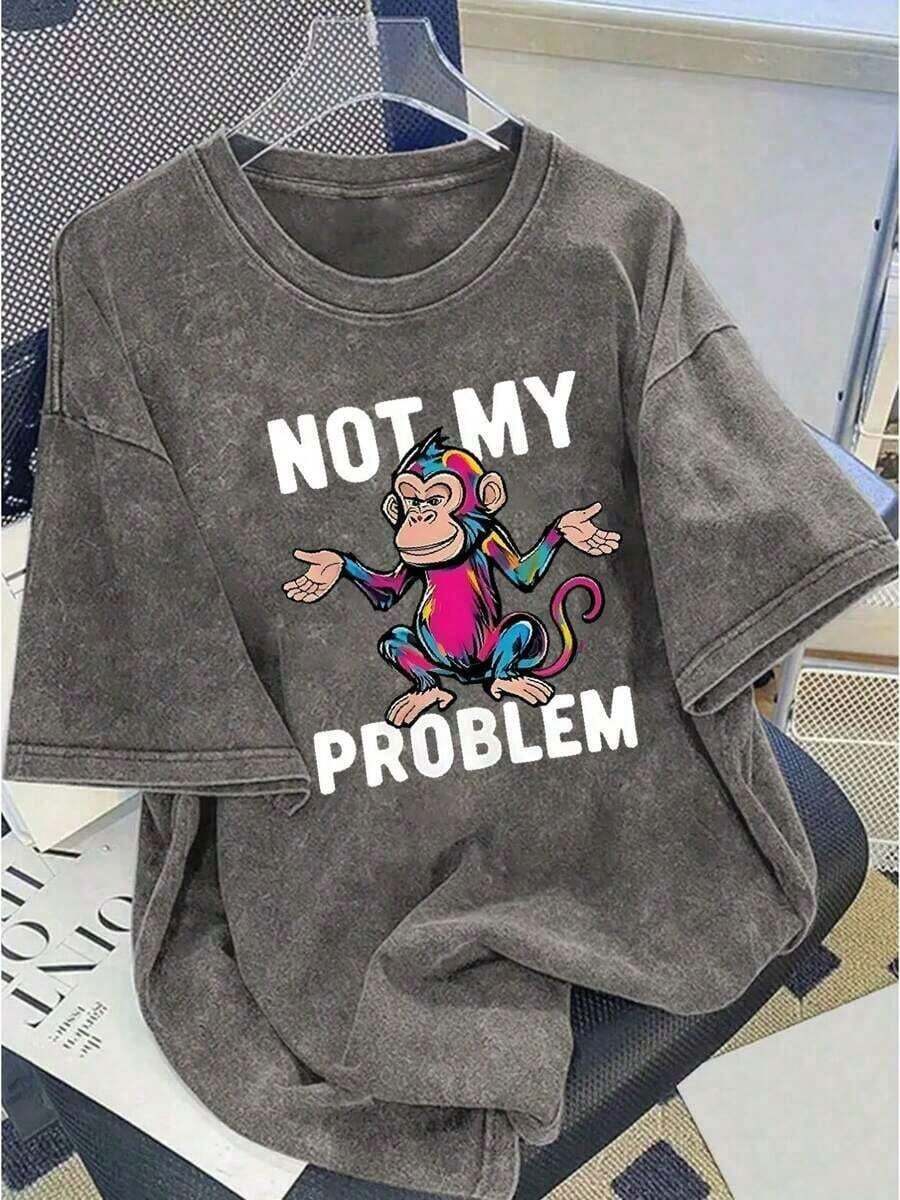 Tops2026 Women's Summer T-Shirts - 230g Thick Washed Printed T-Shirt, Urban Retro Style, Round Neck, Short Sleeves, Machine Washable, Perfect For Casual Spring And Summer Wear, Unique Loose Fit Women's T-Shirt. Loose And Comfortable Summer Clothing For Women. Loose And Comfortable Summer Outfits For Women. - 灰色 - 查看 1