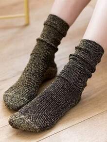 1/4/8/16 Pairs Random Women's Solid Color Metallic Thread Shiny Casual Mid-Calf Socks - Multicolor - View 7