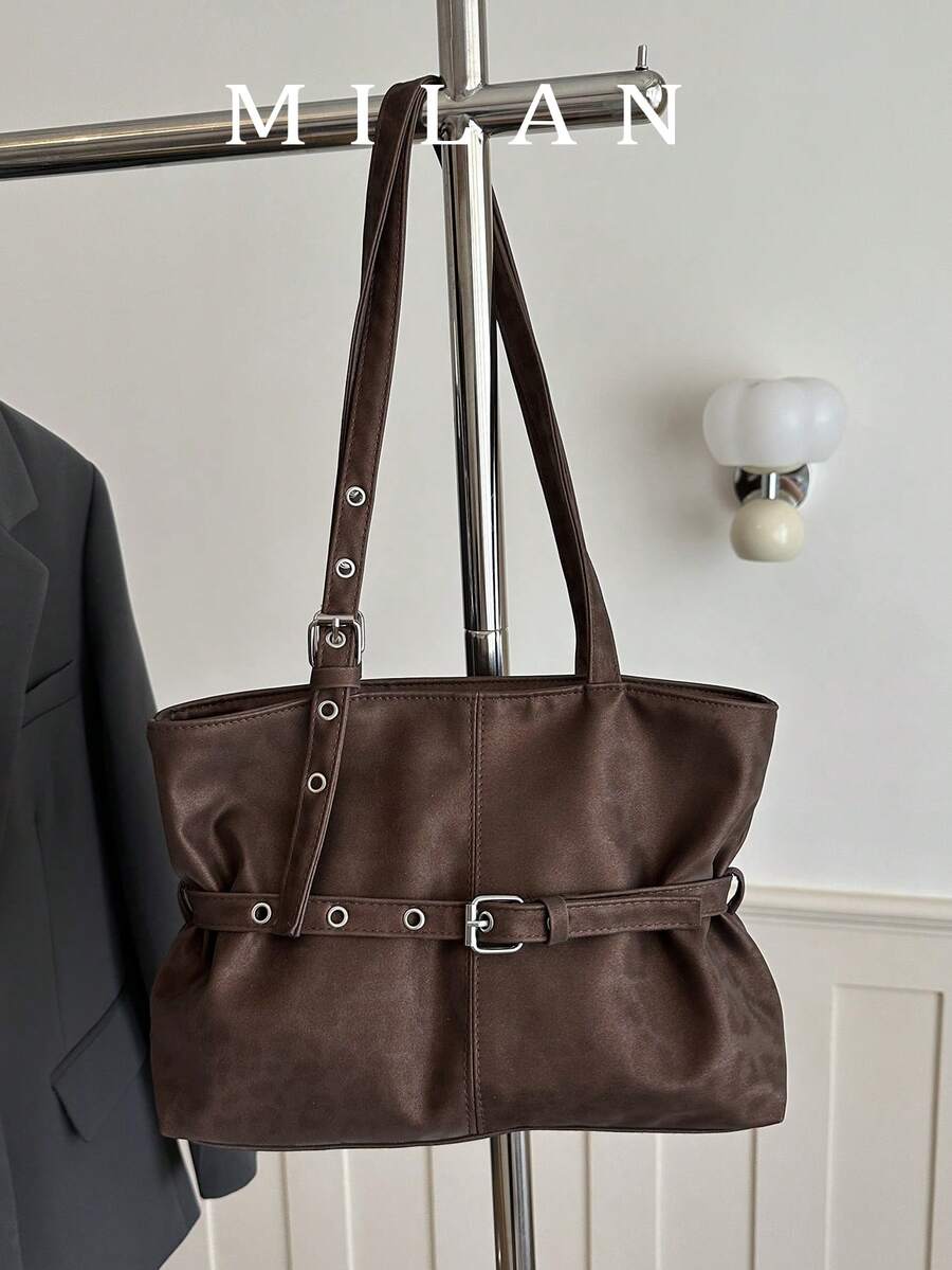 1pc Vintage Large Capacity Tote Bag, Commuter Oversized Underarm Bag, Fashion Motorcycle Bag, PU Solid Color Oiled Wax Leather, Strap Decor, Zipper Closure, Women's Shoulder Bag For Work/School/Travel/Shopping/Business, Suitable For Daily Use