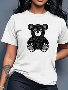 Camiseta de manga corta con cuello redondo para mujer, talla grande, 1 pieza, blusa para mujer, blusas bonitas para mujer, ropa de mujer, conjuntos para mujer, camiseta con estampado geométrico de oso, algodón blanco y negro, estampado de lazo de oso, algodón de alta calidad, cuello redondo, corte básico holgado, unisex, transpirable, versátil, lavable a máquina, cómoda, tallas S-3XL, uso diario casual, esencial para deportes, imprescindible para el verano, 100% algodón. |   Diseño exquisito |   Suelto y cómodo |   Fácil de combinar | - Blanco - Ver 2