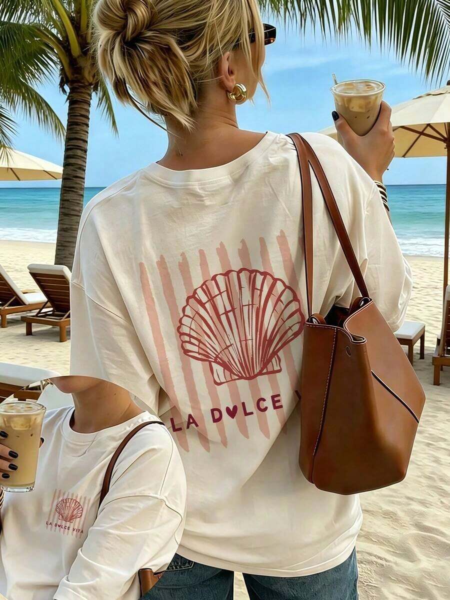 Camiseta de manga corta de cuello redondo casual con estampado de comida y sol, de moda minimalista de verano, versátil y elegante para mujer,Camisetas Gráficas de Verano para Mujer - Albaricoque - Ver 1