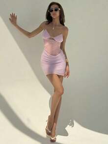 Nuevo vestido camisero romántico y sexy con cuello en pico, contraste de malla brillante y shorts, mini vestido anti-destellos - Morado - Ver 7