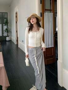 Cardigan en tricot léger et transparent à manches longues pour femmes | Top de style coréen décontracté et élégant avec boutons devant, couleur unie, style vintage - Nude - Voir 5