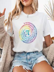 Camiseta con estampado gráfico, manga corta y cuello redondo, top casual para verano y primavera, ropa de mujer - Blanco - Ver 6
