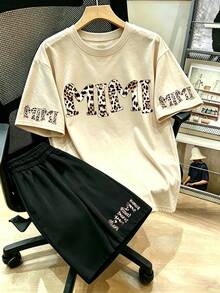 Leopard Print Letter Pattern T-Shirt And Shorts, Plus Size Women's Summer Casual Two Pieces Set Elegant - Multicolor - View 1