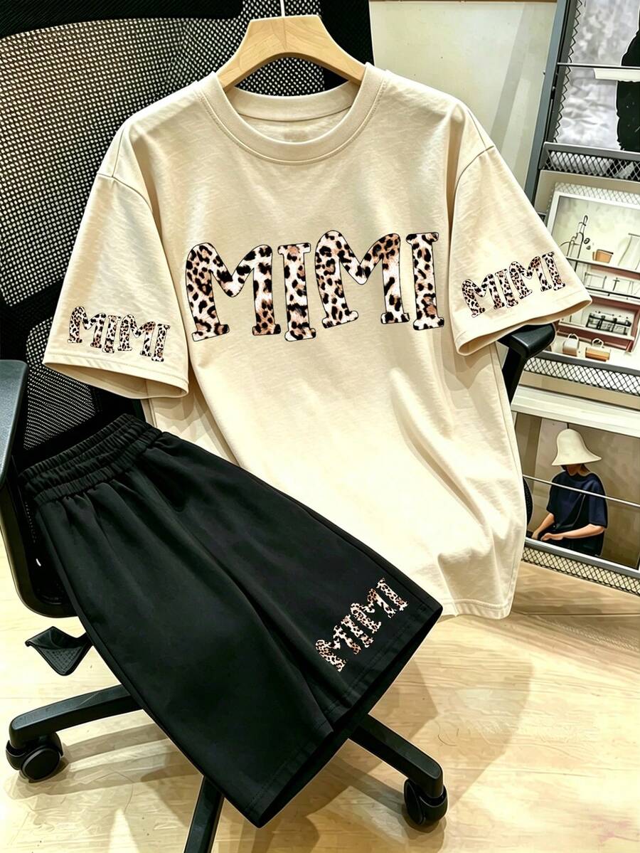 Leopard Print Letter Pattern T-Shirt And Shorts, Plus Size Women's Summer Casual Two Pieces Set Elegant - Multicolor - View 1