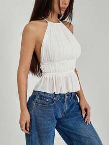 Top de tirantes sin espalda con cuello de halter y cintura anudada plisada para mujer - Blanco - Ver 5