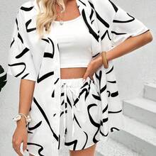 Random Printed Loose Fit Shirt And Short Set - Blanco y Negro - Ver 4