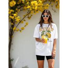 Camiseta de Algodón 100% de Longitud Media para Verano 2025 con Estampado de Limones Divertido, Juvenil y Moderno, Top Versátil - Negro - Ver 1