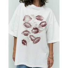 Nueva camiseta de algodón estampada de diseño chic y exclusivo para mujer, de cuello redondo, holgada y versátil, estilo casual y a la moda. - Blanco - Ver 8