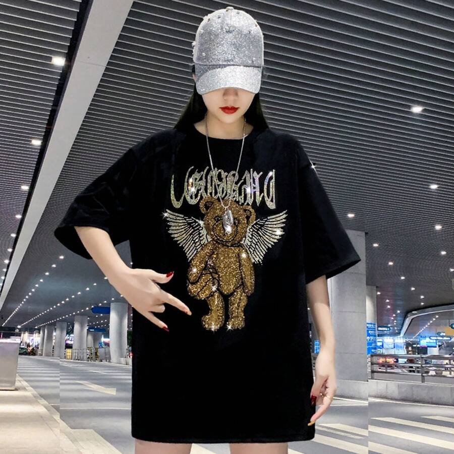 Camiseta de manga corta holgada de verano para mujer, 200g, de puro algodón, marca de moda personalizada con diseño de oso de pedrería resistente, talla grande. - Negro - Ver 1