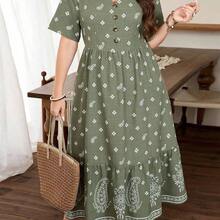 Lacomfia Vestido elegante de línea A con cuello en V, manga corta y ajuste de cintura, con estampado floral para mujer de talla grande - Verde - Ver 2