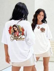 Virgen de Guadalupe con rosas que simbolizan amor fe y esperanza en una camiseta de mujer 100% algodón para momentos especiales y demostrar tu devoción - Blanco - Ver 8