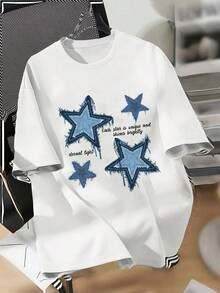 Camiseta de mujer con estampado de letras de estrella, holgada, de cuello redondo, fina, de manga corta, informal, deportiva, para primavera y verano - Blanco - Ver 2