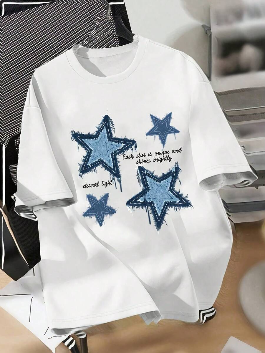 Camiseta de mujer con estampado de letras de estrella, holgada, de cuello redondo, fina, de manga corta, informal, deportiva, para primavera y verano