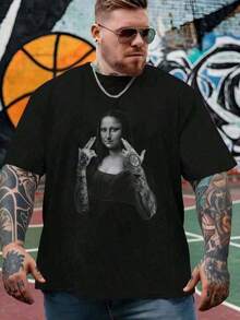 Camiseta casual de manga corta con cuello redondo y estampado gráfico de la Mona Lisa, talla, para verano NMJH - Negro - Ver 8