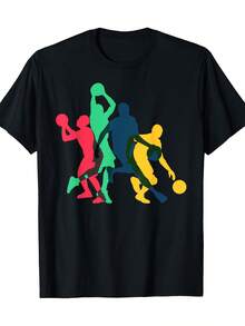 Camiseta Vintage con Estampado de Baloncesto, Cuello Redondo Casual, Manga Corta, Adecuada para Todas las Temporadas - Negro - Ver 1