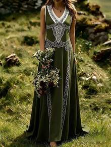 Women's Retro Fashion Viking Celtic Art V-Neck Sleeveless Long Dress - 酒紅色 - 查看 4