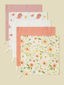 Bộ 5 chiếc yếm ăn cho bé bằng vải cotton mỏng in hình hoa và động vật hoạt hình, khăn ăn, khăn lau nước bọt. - Nhiều màu - Xem 9