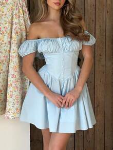 Vestido mujer cuello cuadrado manga burbuja con hueso moldeador, estilo dulce y sexy, corte ajustado - Azul - Ver 2