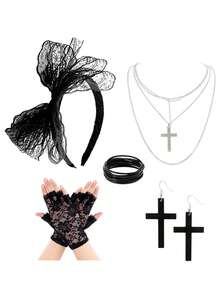 Bộ 5 món phụ kiện trang phục tiệc Punk Rock nữ thập niên 80, băng đô nơ ren, bông tai hình chữ thập, dây chuyền, găng tay ren, vòng tay, phong cách Gothic phù hợp cho tiệc retro 80s, tiệc khiêu vũ, tiệc đường phố, phụ kiện phong cách Y2K - Nhiều màu - Xem 13