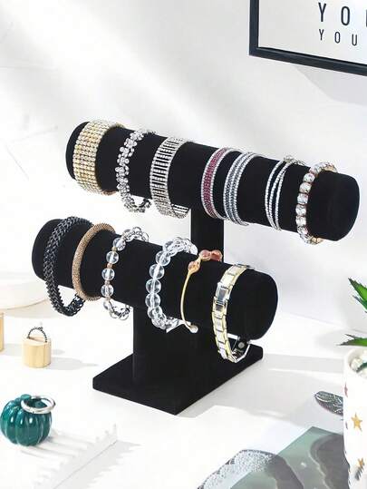 1pc Elegant Linen-Look T-Shaped Bracelet Display Stand - Desktop Jewelry Holder, Multi-Functional Desktop Accessory Organizer, Sturdy Plastic Base, Suitable For Necklaces, Bracelets And Watches