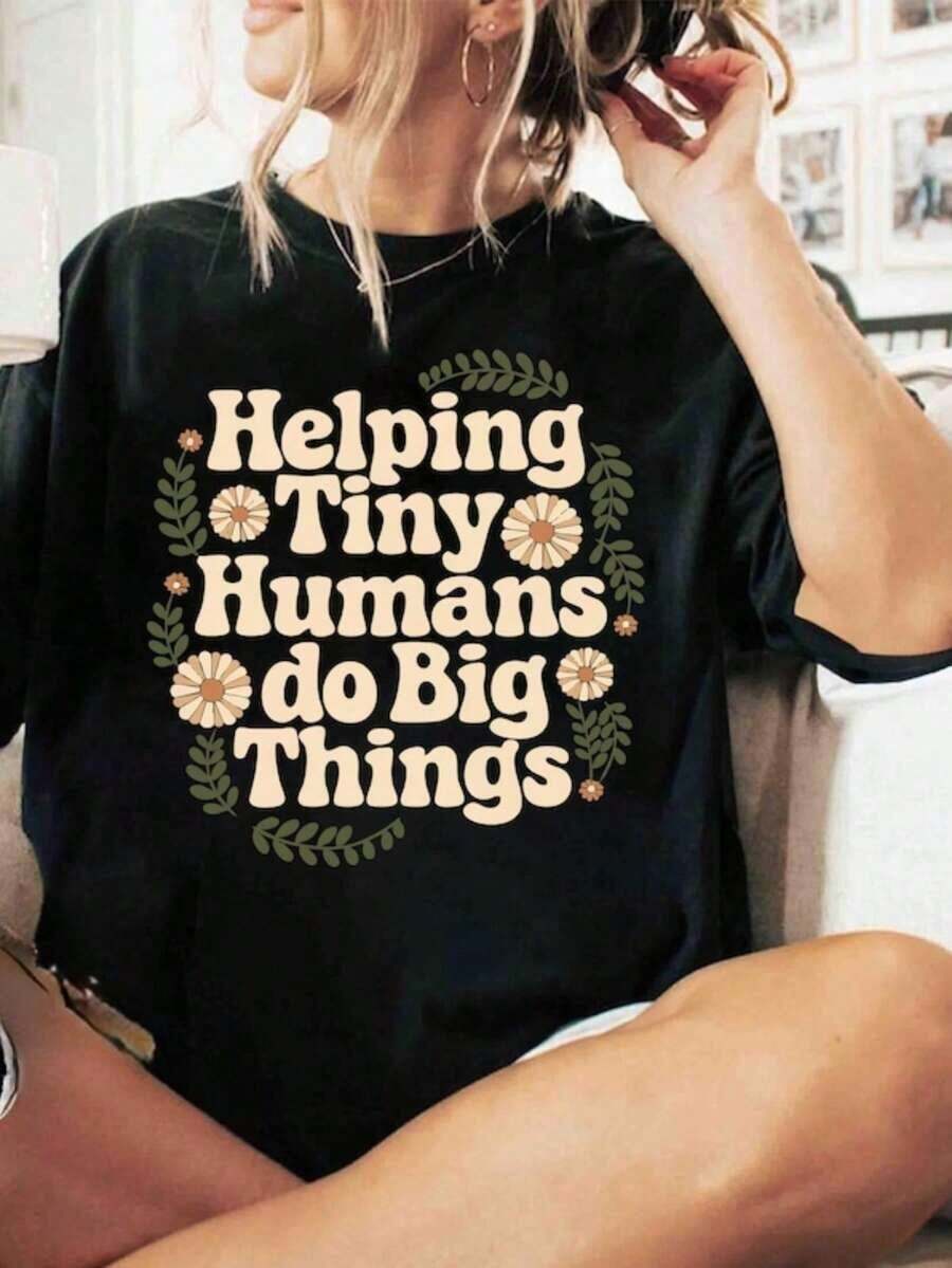 100% Cotton T-Shirt For Little Human Tamers, T-Shirt That Helps Little Humans Take Big Steps, Funny T-Shirt For Teachers, Gift For Child Therapists, Gift For Pediatric Therapists, Blouses For Women - 黑色 - 查看 1