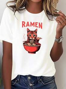 Women's Japanese Ramen And Cat T-Shirt - Kawaii Anime Design With Ramen Bowl And Cat Face - Casual Japanese Style Clothing - Comfortable And Breathable T-Shirt For All Seasons - 白色 - 查看 1