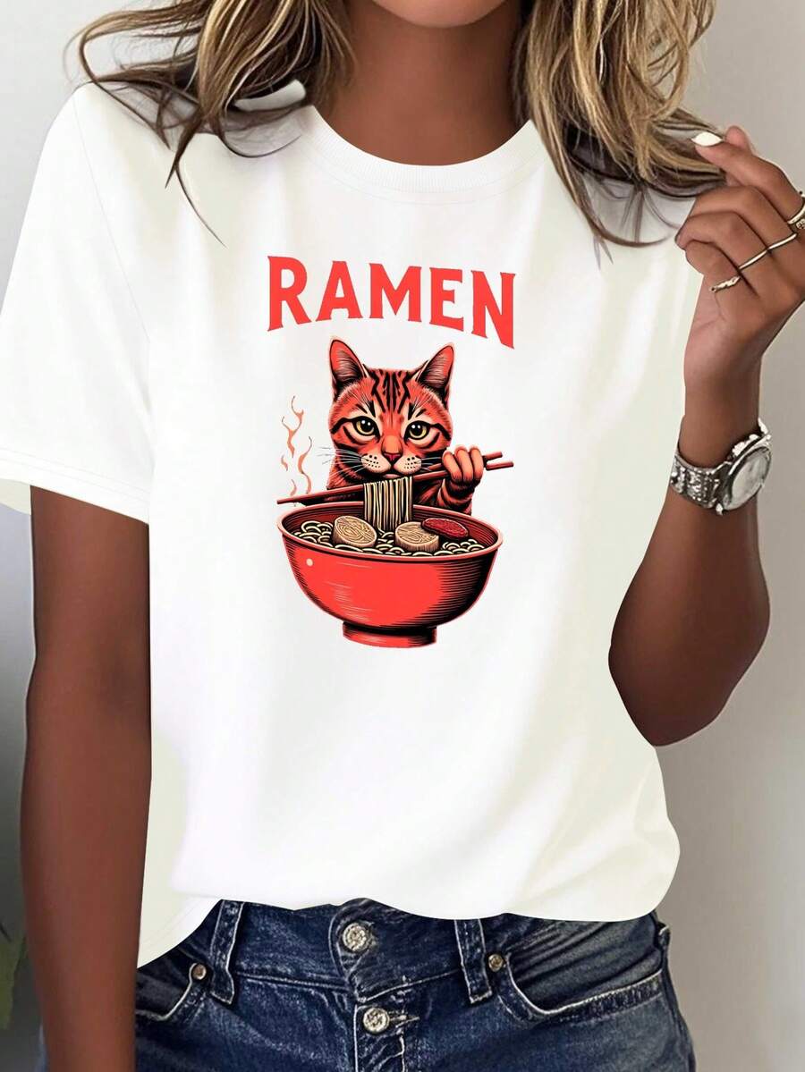 Women's Japanese Ramen And Cat T-Shirt - Kawaii Anime Design With Ramen Bowl And Cat Face - Casual Japanese Style Clothing - Comfortable And Breathable T-Shirt For All Seasons - 白色 - 查看 1