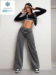 ICON Solid Color Wide Leg Pocket Jeans, Casual And Versatile - 灰色 2 - 查看 4