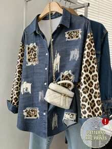Camisa de mujer de uso diario versátil y casual con estampado de leopardo de una sola hilera de botones - Multicolor 7 - Ver 1