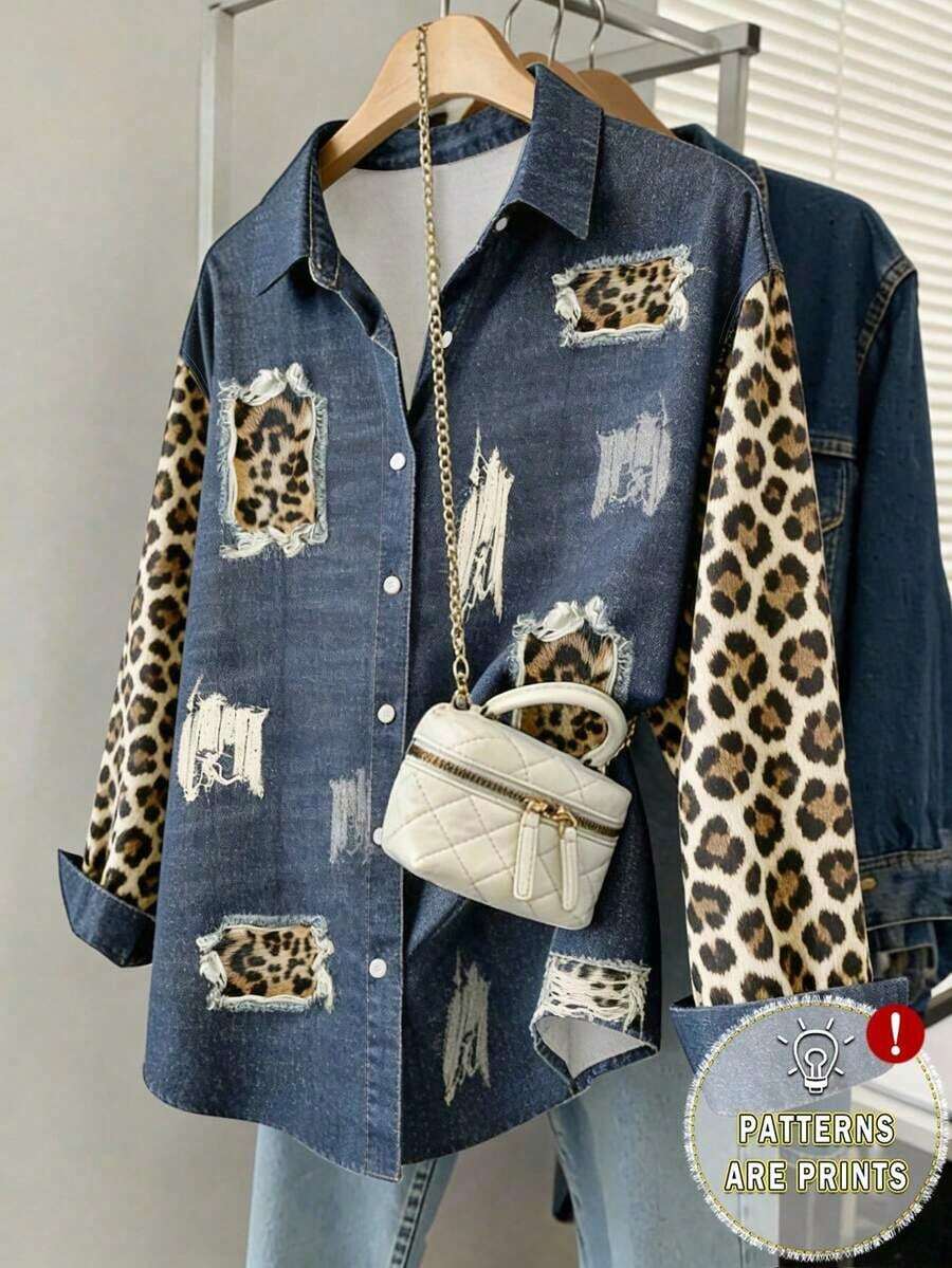Camisa de mujer de uso diario versátil y casual con estampado de leopardo de una sola hilera de botones - Multicolor 7 - Ver 1