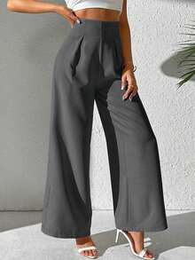 Pantalones anchos casuales de mujer con tela de unicolor texturizada - Gris - Ver 4
