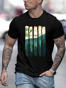 Camiseta con Estampado Gráfico de Bosque para Hombre, Manga Corta Casual, 1 Pieza, 100% Algodón Pesado - Cuello Redondo Cómodo, Camisetas Suaves y Adorables - Negro - Ver 7