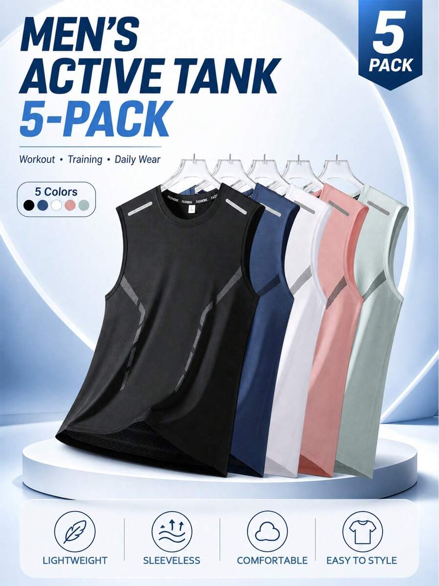 5 pièces/set Débardeurs d'été en maille pour hommes, vêtements de sport et de fitness, débardeurs de course et d'entraînement | Débardeur | Set de 5 couleurs - Multicolore - Voir 1