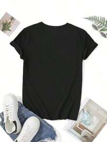 1 pieza 2026 Novedad de Verano [Oferta Especial de Vacaciones] Camiseta con Estampado LOVE para el Día de San Valentín - Top Casual de Manga Corta con Cuello Redondo para Mujer, Alegre y Divertida, Adecuada para Compras Casuales, Citas, Regalos de Vacaciones y Reuniones con Amigos, Ofreciendo un Look de Verano Cómodo y Suave (Tallas de EE. UU.) Ropa de Mujer a la Moda 180g 100% Algodón - Negro - Ver 2