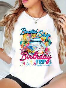 Women's And Unisex T-Shirt For Cruises, Birthdays And Holidays - Printed With A Cruise Ship Design, Featuring Cruise Ship And Tropical Drink Motifs, Soft, Breathable, Lightweight, Round Neck And Short Sleeves, Nautical Themed Summer Travel Souvenir, Cruise Party Outfit. - 白色 - 查看 7